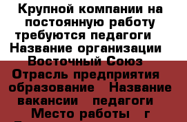 Крупной компании на постоянную работу требуются педагоги. › Название организации ­ Восточный Союз › Отрасль предприятия ­ образование › Название вакансии ­ педагоги › Место работы ­ г.Благовещенск,ул.50лет Октября 108/2 › Подчинение ­ Руководителю › Минимальный оклад ­ 28 000 › Максимальный оклад ­ 35 000 › Возраст от ­ 18 › Возраст до ­ 70 - Амурская обл., Благовещенск г. Работа » Вакансии   . Амурская обл.,Благовещенск г.